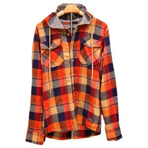 Fatal Fall Plaid Flannel Shirt Warm Colors Orange Red Blue Hooded Pockets Medium
